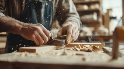 Carpenter assembling furniture parts at a workshop. Featuring craftsmanship and precision