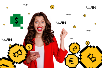 Composite photo collage of rich happy girl show bitcoin cryptocurrency win earnings bubble dollar symbol isolated on painted background