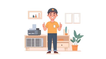 home repair scene with a smiling male technician fixing an air conditioner giving a thumbs up and dressed in uniform representing professional service and ac maintenance