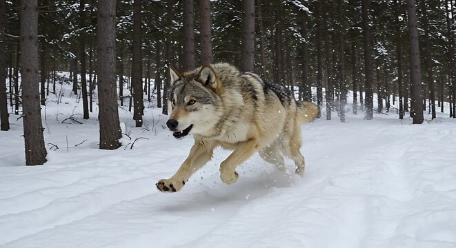Grey wolf bounding energetically in snow forest