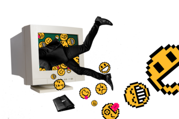 Composite photo collage of male legs wear suit business fall inside computer monitor emotions emoji isolated on painted background