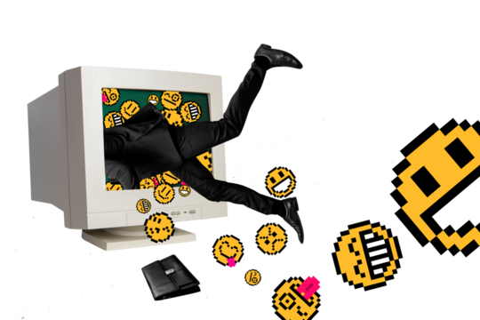 Composite photo collage of male legs wear suit business fall inside computer monitor emotions emoji isolated on painted background