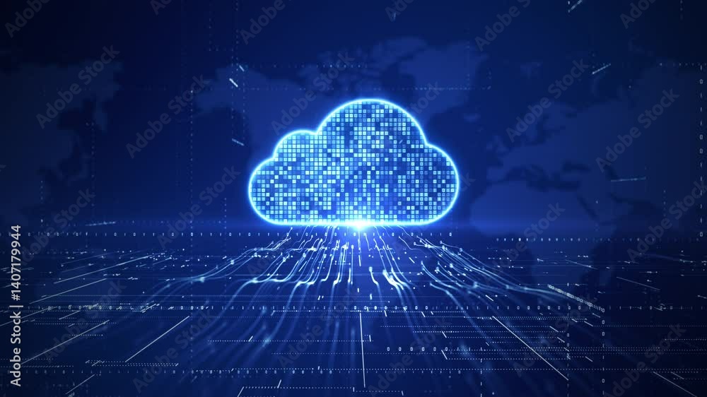 Poster Futuristic digital cloud data transfer concept with binary code and flowing network lines, ideal for tech, cloud computing, and data storage visuals. Technology digital data background