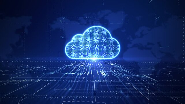 Futuristic digital cloud data transfer concept with binary code and flowing network lines, ideal for tech, cloud computing, and data storage visuals. Technology digital data background