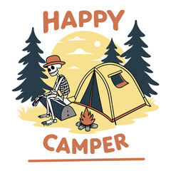Happy Skeleton Camper With Tent Bonfire And Trees Camping Adventure Illustration