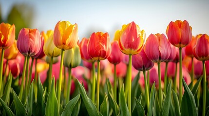 Obraz premium Bright Tulips in a Field on a Beautiful Day Celebrating Happiness