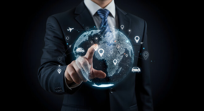 Businessman Interacting with Digital World Map, Global Connectivity: The Importance of Technology in Business Expansion