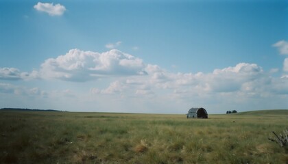 Fototapeta premium Prairie Serenity: A panoramic shot unveils a serene prairie, dominated by a vibrant expanse of grassy field under a vast sky, evoking a sense of tranquility and timelessness.