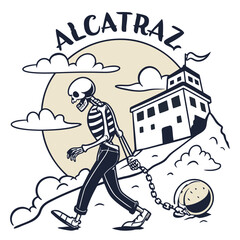 Obraz premium Alcatraz Skeleton Prisoner With Ball And Chain Cartoon Vector Illustration