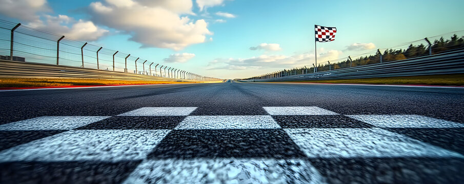 Straight stretch of road on a racetrack leading to the finish line, with the checkered flag waving in the distance, Racetrack Road, Final push to victory