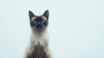 Siamese cat is sitting on a white background. Looking forward. The cat's eyes are wide open, giving it a curious and alert appearance . Copy space 
