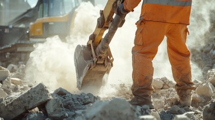 Demolition worker operating a hydraulic breaker at an urban redevelopment site. Featuring controlled destruction and efficiency