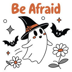Cute Halloween Ghost With Witch Hat Bat And Daisy Isolated On White