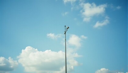 Cloudy Skies with a Pole: A solitary utility pole pierces a vibrant blue sky adorned with fluffy clouds, creating a sense of serene contrast between man-made and natural elements.