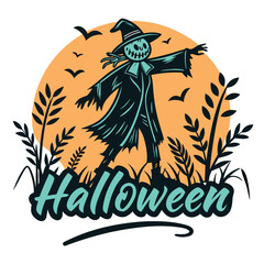Festive Halloween Scarecrow Illustration With Birds And Plants On Orange Background