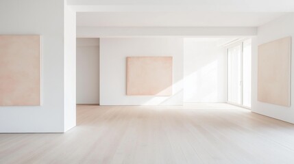 Fototapeta premium Empty room with white walls and wooden flooring. the room has a large window on the right side, allowing natural light to enter the space.