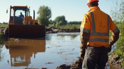 Dredging operator controlling sediment excavation at a river restoration site. Featuring environmental care and expertise