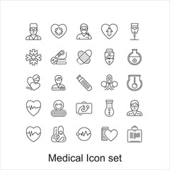 Medical icons, line art, healthcare symbols, minimalist design, doctor, nurse, heart, stethoscope, pill bottle, syringe, blood bag, bandage, ECG wave, medical cross, microscope, hospital bed, thermome