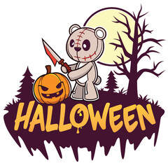 Spooky Halloween Scene With Scary Teddy Bear Pumpkin And Full Moon Night