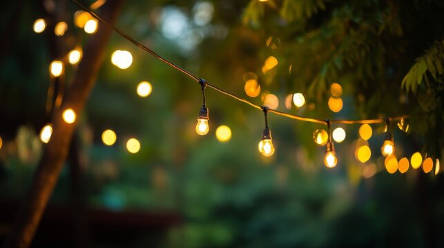 Outdoor string lights hanging in backyard with green bokeh background, festive warm glowing bulbs creating cozy party atmosphere with copy space for summer or evening celebration concepts