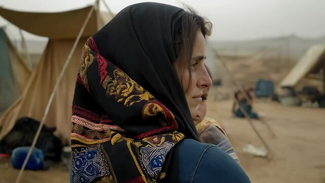 Woman in scarf reflecting on life in a camp setting  