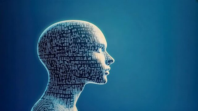 Artificial intelligence human head with binary code on a blue background, code lines, code flow, flowchart programming, data flow