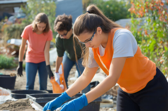 Young people wearing gloves and vests participating in a community service project outdoors