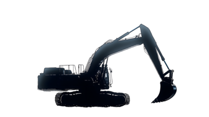 Silhouette of an excavator with an emphasis on its powerful structure and functional elements, stark white background