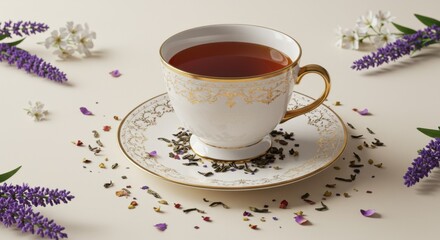 Aromatic Tea in Elegant Porcelain Cup Surrounded by Delicate Lavender and White Flowers