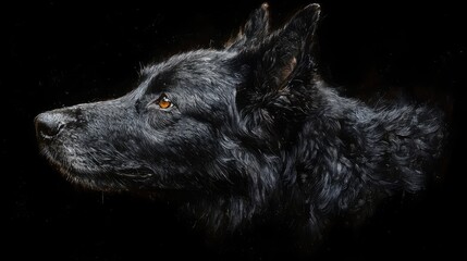 Fototapeta premium A dark, furry canine profile. Detailed fur texture with a golden eye isolated on a black backdrop