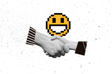 Composite photo collage of two hands shake agreement collaboration smiley retro emoji social network isolated on painted background