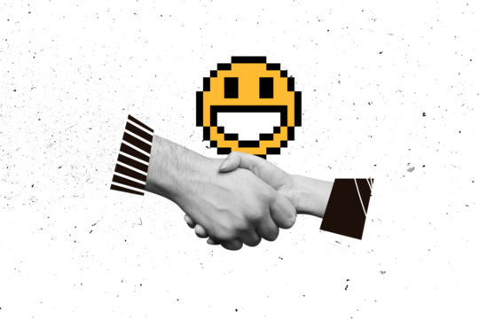 Composite photo collage of two hands shake agreement collaboration smiley retro emoji social network isolated on painted background