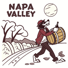 Napa Valley Wine Country Badger Character Carrying Barrel And Bottle Illustration