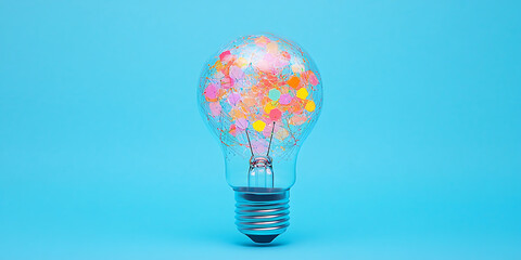 Lightbulb filled with colorful confetti against a blue background