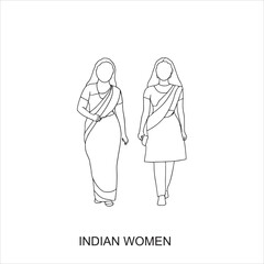 line drawing, simple sketch, two women, traditional Indian clothing, sari, salwar kameez, standing figures, cultural attire, black and white illustration, minimalist style, female silhouettes, ethnic 