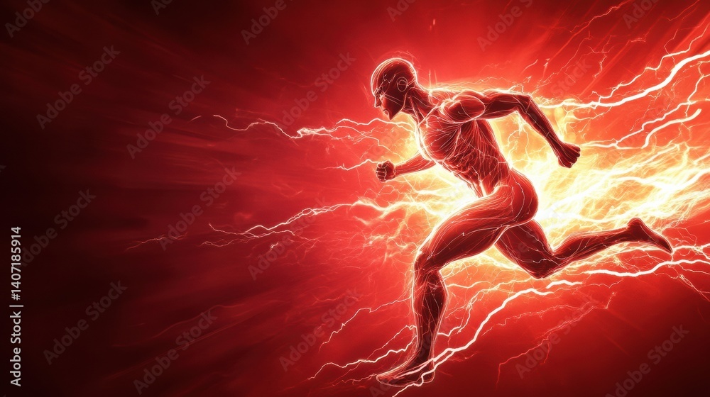 Leinwandbilder running figure surrounded by energetic lightning bursts in a dynamic red background conveying speed 