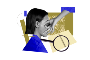 Composite photo collage of strange girl hand hold eye stare spy magnifier lens zoom notepad examination isolated on painted background