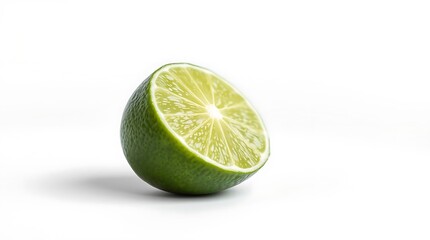 Freshly Cut Green Lime Half with Juicy Pulp on White Background