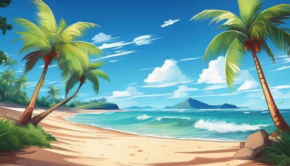 Obraz premium Anime Style Beach Scene with Majestic Palm Trees under a Vibrant Sunset, Offering a Tropical Escape in Rich Colors and Textures