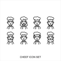 Cartoon chef icons, cute chibi characters, black and white illustrations, diverse hairstyles and expressions, minimalist design, culinary profession avatars, vector art style, simple line drawings