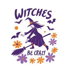 Playful Halloween Witch On Broom With Bats And Flowers Design