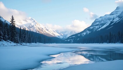 Obraz premium Serene Winter Landscape: A tranquil winter landscape with snow-covered mountains and a frozen lake. The scene is bathed in soft, natural light.