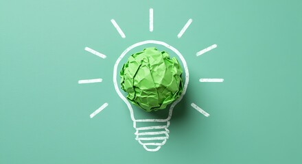 Green crumpled paper ball idea lightbulb eco concept on green background