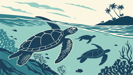 Silhouettes of sea turtles swimming in Hawaiian waters – Hawaii, USA
