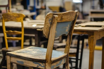 Close up of a weathered chair, showcasing its worn paint and rustic charm in a workshop environment