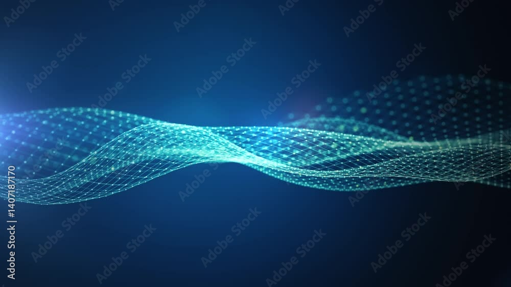 Poster Futuristic digital wave with glowing points and lines flowing across a blue gradient background, Technology big data and blockchain connected concepts. Background motion 4k