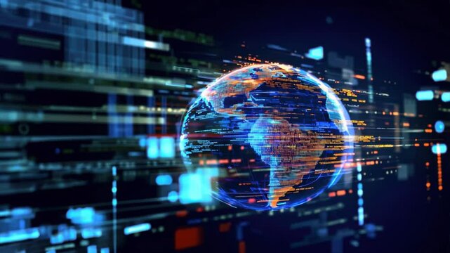 Digital globe with code flowing across the planet, code lines, code flow, flowchart programming, data flow, Code Visualization