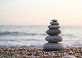 Fototapeta premium Serene beach stones stacked high peaceful ocean sunset backdrop soft light tranquil scene