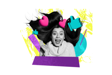 Composite photo collage of happy excited girl brunette hair popular blogger like thumb share social media isolated on painted background