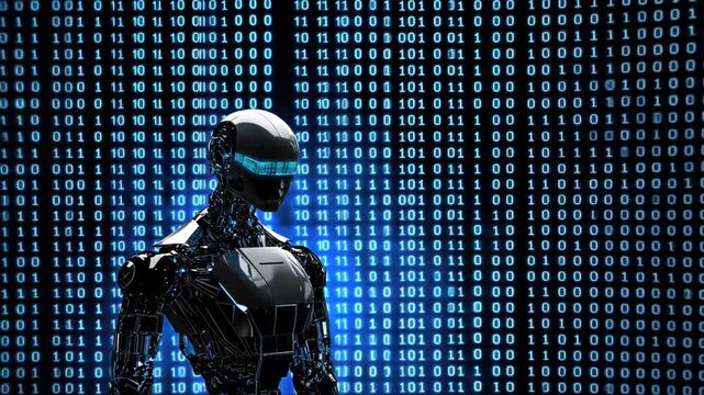 AI robot standing in front of a blue digital binary code background, code lines, code flow, flowchart programming, data flow, Code Visualization